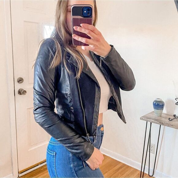 Anthropologie Elevenses Leather Moto Jacket Cropped Black 0 - Picture 6 of 10
